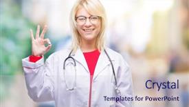  Presentation with medical sign - Slide set consisting of young beautiful blonde doctor woman background and a  colored foreground