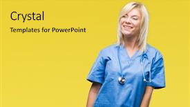  Presentation with medical - Amazing PPT theme having young beautiful blonde doctor woman backdrop and a  colored foreground