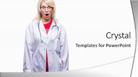  Presentation with fear - Colorful slide set enhanced with young beautiful blonde doctor woman backdrop and a white colored foreground