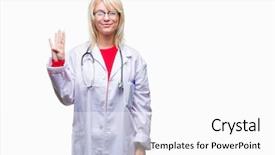  Presentation with medical smiling doctor - Slide deck having young beautiful blonde doctor woman background and a  colored foreground