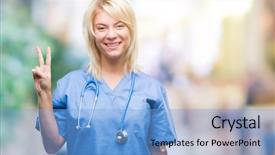  Presentation with beautiful young woman getting face - Cool new slide set with young beautiful blonde doctor woman backdrop and a  colored foreground