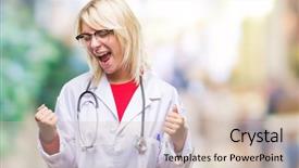  Presentation with doctor helps to get out of bed an elderly woman - PPT layouts enhanced with young beautiful blonde doctor woman background and a  colored foreground