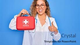  Presentation with first aid kit - Colorful slide set enhanced with young-beautiful-blonde-doctor-woman backdrop and a light blue colored foreground