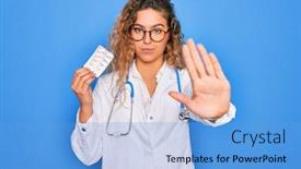  Presentation with blue eyes - Presentation enhanced with young-beautiful-blonde-doctor-woman background and a light blue colored foreground