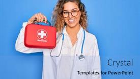  Presentation with first aid kit - Colorful presentation enhanced with young-beautiful-blonde-doctor-woman backdrop and a light blue colored foreground