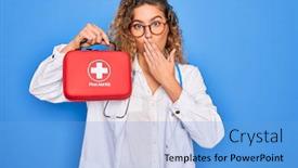  Presentation with first aid kit - PPT theme having young-beautiful-blonde-doctor-woman background and a light blue colored foreground