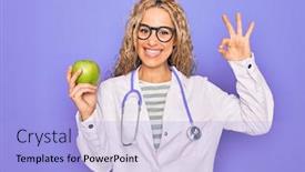 Presentation with green apple - Slide set enhanced with young-beautiful-blonde-doctor-woman background and a light blue colored foreground