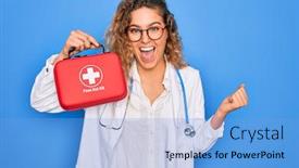  Presentation with first aid kit - Amazing PPT theme having young-beautiful-blonde-doctor-woman backdrop and a light blue colored foreground