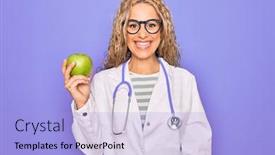  Presentation with green apple - Slide deck having young-beautiful-blonde-doctor-woman background and a light blue colored foreground