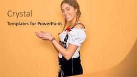  Presentation with woman hands open - Presentation design having young-beautiful-blonde-german-woman background and a yellow colored foreground