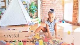  Presentation with school building - PPT theme having young-beautiful-blonde-girl-kid background and a coral colored foreground