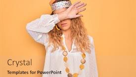  Presentation with hippie - Colorful PPT layouts enhanced with young-beautiful-blonde-hippie-woman backdrop and a coral colored foreground