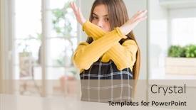  Presentation with angry kid - Colorful PPT theme enhanced with young beautiful blonde kid girl wearing casual yellow sweater at home rejection expression crossing arms doing negative sign angry face backdrop and a coral colored foreground