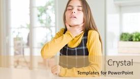  Presentation with sore throat - Beautiful slide set featuring young beautiful blonde kid girl wearing casual yellow sweater at home touching painful neck sore throat for flu clod and infection backdrop and a yellow colored foreground