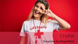  Presentation with whistle - PPT theme featuring young-beautiful-blonde-lifeguard-woman background and a red colored foreground