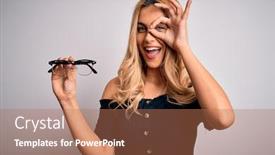  Presentation with optical - Presentation enhanced with young-beautiful-blonde-optical-woman background and a coral colored foreground