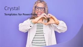  Presentation with purple heart - PPT theme featuring young-beautiful-blonde-scientist-woman background and a light blue colored foreground