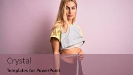  Presentation with tape measure - Amazing PPT theme having young-beautiful-blonde-slim-woman backdrop and a violet colored foreground