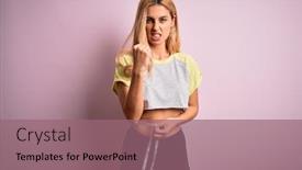  Presentation with tape measure - Presentation consisting of young-beautiful-blonde-slim-woman background and a violet colored foreground