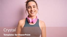  Presentation with person listening - Slide set with young-beautiful-blonde-sportswoman-wearing background and a coral colored foreground