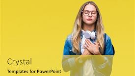  Presentation with student health - Slides featuring young beautiful blonde student woman wearing headphones and glasses over isolated background smiling with hands on chest with closed eyes and grateful gesture on face health concept background and a yellow colored foreground