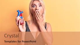  Presentation with heart health - Presentation design consisting of young-beautiful-blonde-woman-asking background and a coral colored foreground