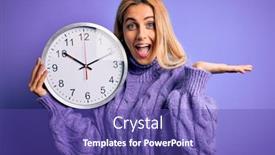  Presentation with clock countdown - Beautiful PPT theme featuring young-beautiful-blonde-woman-doing backdrop and a violet colored foreground