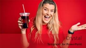  Presentation with woman hands raised to sky - PPT layouts consisting of young-beautiful-blonde-woman-drinking background and a crimson colored foreground