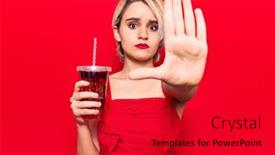  Presentation with beverage - Beautiful PPT theme featuring young-beautiful-blonde-woman-drinking backdrop and a crimson colored foreground