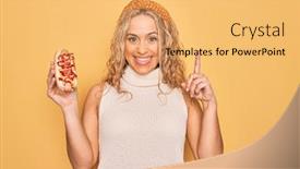  Presentation with dog food - PPT theme enhanced with young-beautiful-blonde-woman-eating background and a yellow colored foreground