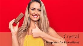  Presentation with protein bar - Cool new PPT theme with young-beautiful-blonde-woman-eating backdrop and a coral colored foreground