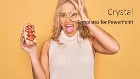  Presentation with fast food - Slide set enhanced with young-beautiful-blonde-woman-eating background and a yellow colored foreground