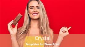  Presentation with protein bar - PPT layouts with young-beautiful-blonde-woman-eating background and a coral colored foreground