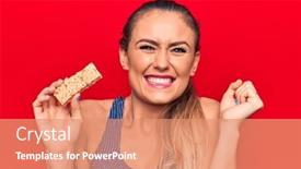  Presentation with muesli - Slides consisting of young-beautiful-blonde-woman-eating background and a coral colored foreground