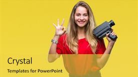  Presentation with symbol - Amazing presentation design having young beautiful blonde woman filming backdrop and a yellow colored foreground
