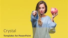 Presentation with woman piggy bank isolated - PPT layouts featuring young beautiful blonde woman holding piggy bank over isolated background pointing with finger to the camera and to you hand sign positive and confident gesture from the front background and a yellow colored foreground