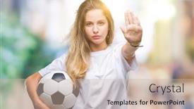  Presentation with defense - Beautiful slide deck featuring young-beautiful-blonde-woman-holding backdrop and a soft green colored foreground