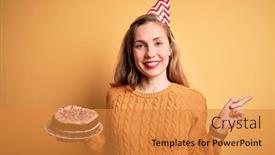  Presentation with happy birthday cake - Amazing theme having young-beautiful-blonde-woman-holding backdrop and a gold colored foreground