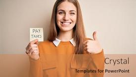  Presentation with pay - Cool new PPT theme with young-beautiful-blonde-woman-holding backdrop and a coral colored foreground