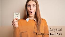  Presentation with pay - PPT theme having young-beautiful-blonde-woman-holding background and a coral colored foreground