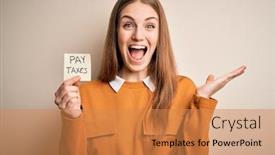  Presentation with taxes - Cool new slides with young-beautiful-blonde-woman-holding backdrop and a coral colored foreground