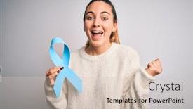  Presentation with blue ribbon - Slide deck featuring young-beautiful-blonde-woman-holding background and a soft green colored foreground