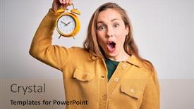  Presentation with clock face - Colorful PPT theme enhanced with young-beautiful-blonde-woman-holding backdrop and a coral colored foreground