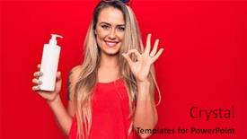  Presentation with lotion - Presentation having young-beautiful-blonde-woman-holding background and a crimson colored foreground