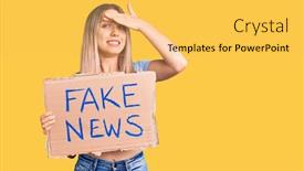  Presentation with fake news - Colorful presentation theme enhanced with young-beautiful-blonde-woman-holding backdrop and a yellow colored foreground