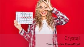  Presentation with fingers - Beautiful PPT theme featuring young-beautiful-blonde-woman-holding backdrop and a red colored foreground