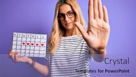  Presentation with control - Cool new slide deck with young-beautiful-blonde-woman-holding backdrop and a light blue colored foreground