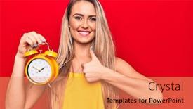  Presentation with vintage clock - Presentation enhanced with young-beautiful-blonde-woman-holding background and a coral colored foreground