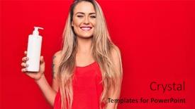  Presentation with lotion - Amazing presentation theme having young-beautiful-blonde-woman-holding backdrop and a crimson colored foreground