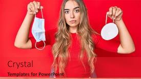  Presentation with face masks - Presentation enhanced with young-beautiful-blonde-woman-holding background and a red colored foreground
